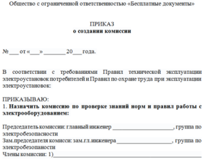 Приказ о создании комиссии по электробезопасности образец