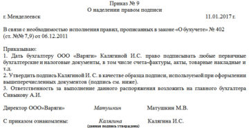 Приказ на право подписи первичных документов образец бланк