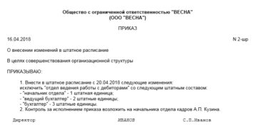 Приказ на изменение штатного расписания образец бланк