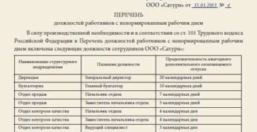 Перечень должностей работников с ненормированным рабочим днем