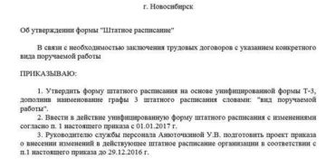 Приказ об утверждении штатного расписания образец бланк