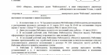 Соглашение о расторжении договора по соглашению сторон образец бланк