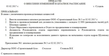 Внести изменения в штатное расписание приказ