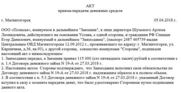 Акт приема-передачи физическими лицами денежных средств по договору займа